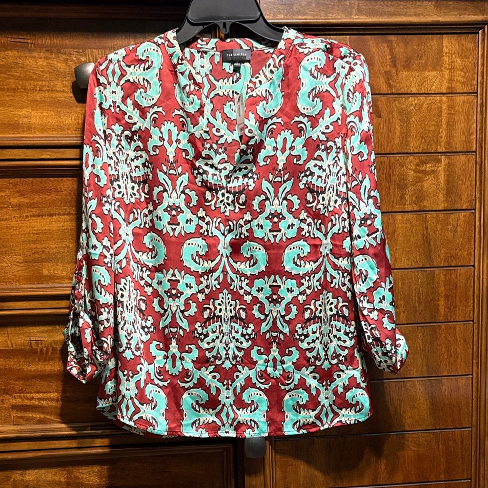 The Limited Women's Rust and Aqua Green Patterned Split-Neck Tunic
